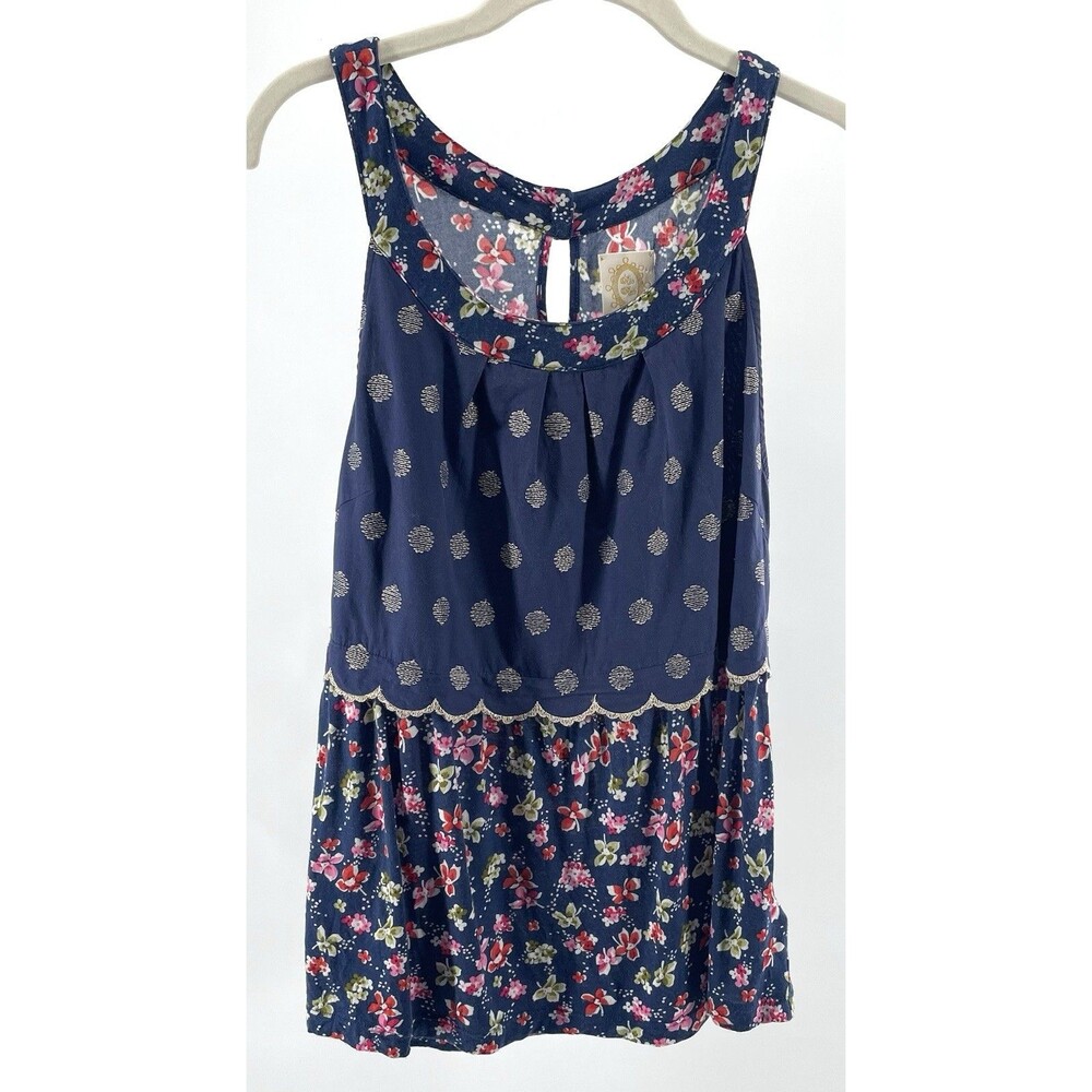 Anthropologie Ric Rac Mixed Print Tank Top Floral Polka Dot Navy Size Large